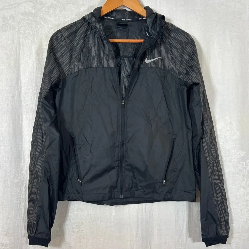 Nike Running Jacket Small Black Hooded Full Zip Windbreaker Pockets